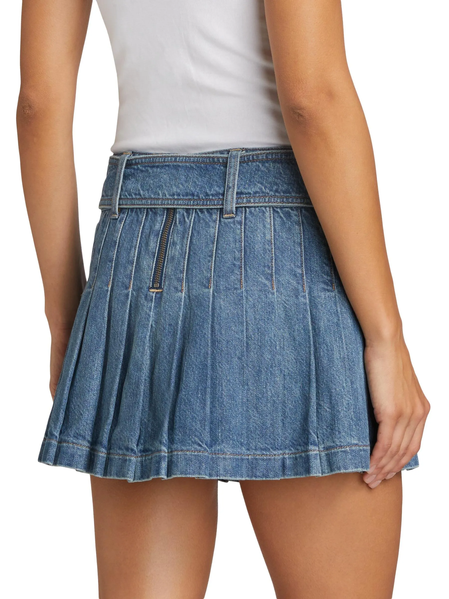 Alice   Olivia Mera Pleated Denim Belted Miniskirt