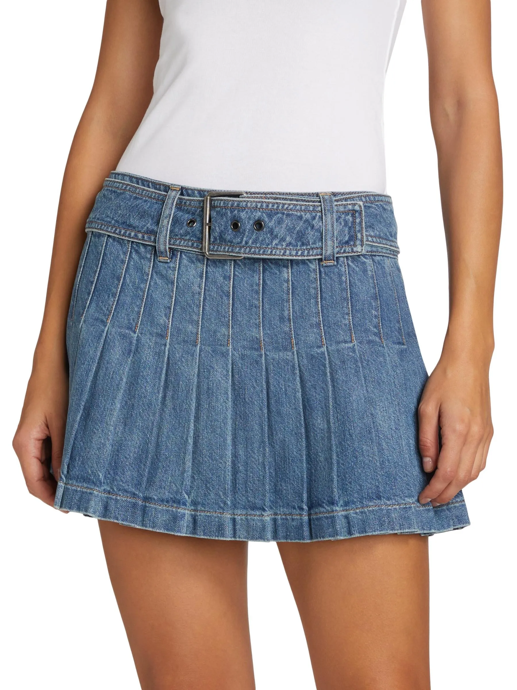 Alice   Olivia Mera Pleated Denim Belted Miniskirt