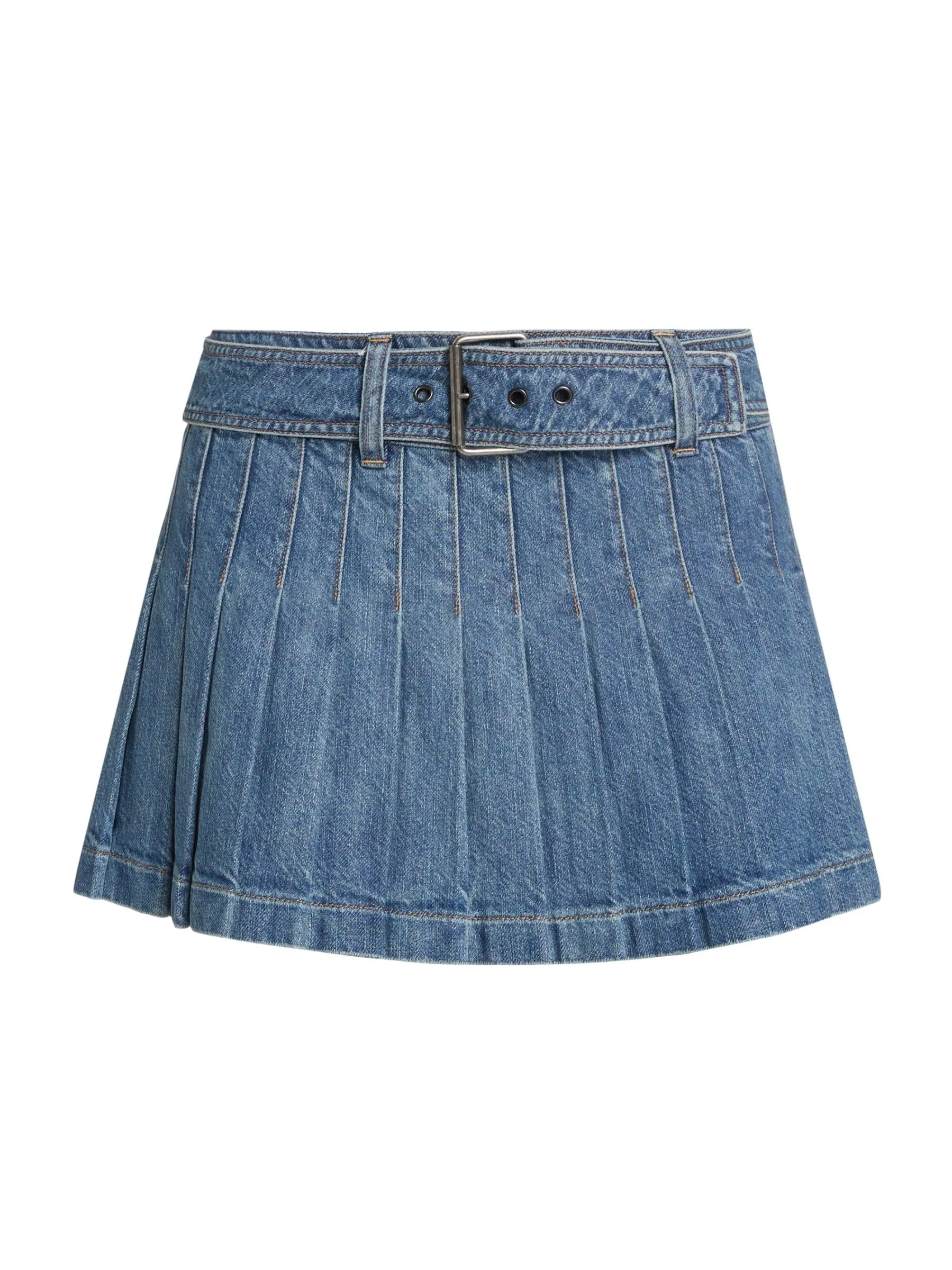 Alice   Olivia Mera Pleated Denim Belted Miniskirt