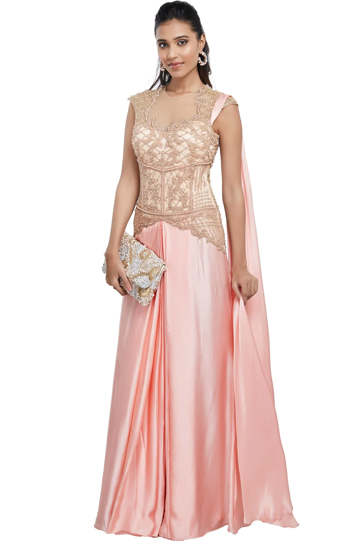 Baby Pink Pearl Embroidered Concept Sari