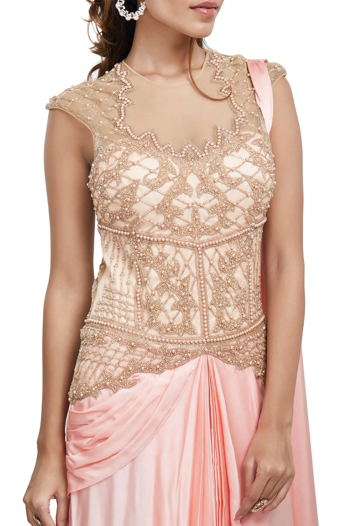 Baby Pink Pearl Embroidered Concept Sari