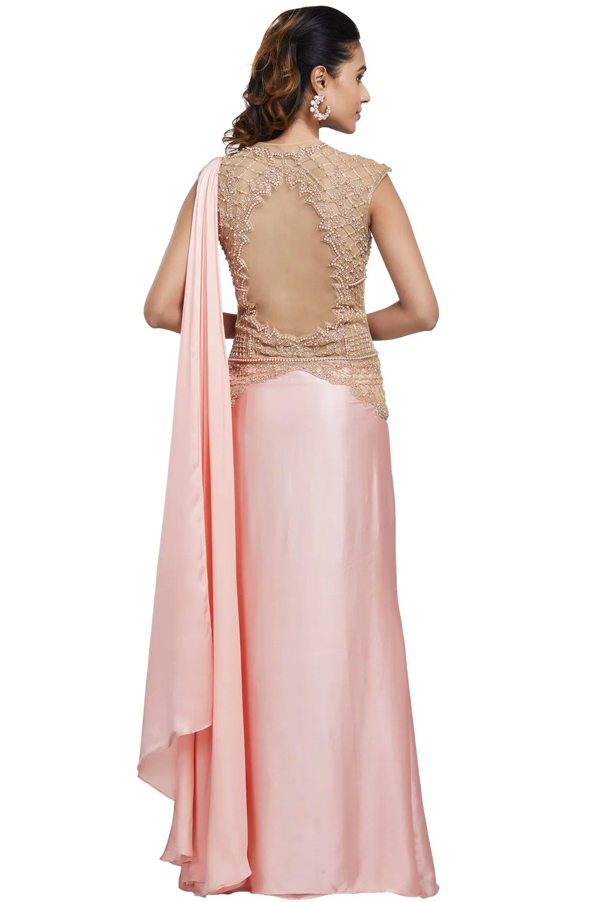 Baby Pink Pearl Embroidered Concept Sari