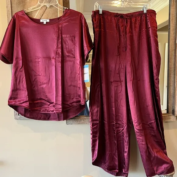 BB Dakota Pajamas Satin Silky Lounge Set Womens Elastic Wide Leg Pants Medium