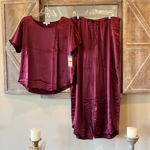 BB Dakota Pajamas Satin Silky Lounge Set Womens Elastic Wide Leg Pants Medium