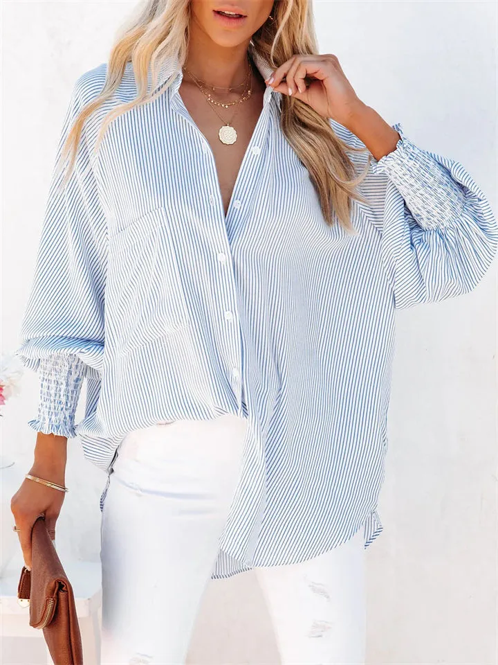 Beach Vacation Sunscreen Solid Striped Female Midi Blouse