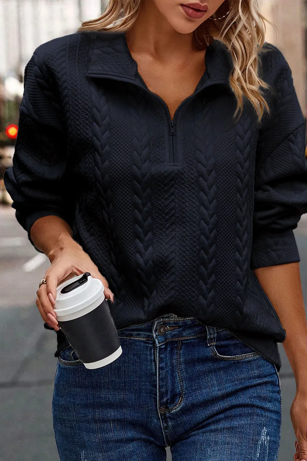 Black blue Solid 1/4 Zipper Textured Pullover Sweatshirt