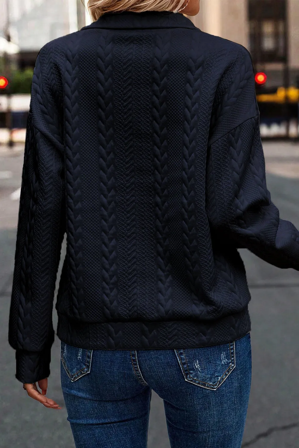 Black blue Solid 1/4 Zipper Textured Pullover Sweatshirt