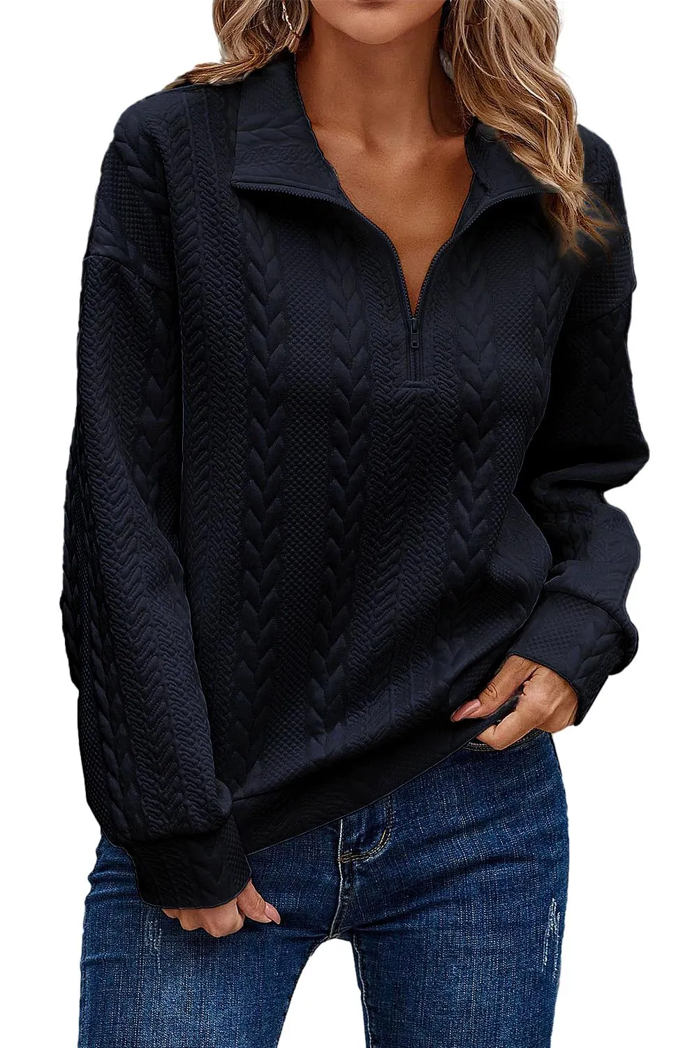 Black blue Solid 1/4 Zipper Textured Pullover Sweatshirt