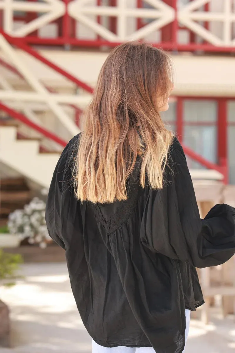 Black Pleated Cotton Prairie Blouse