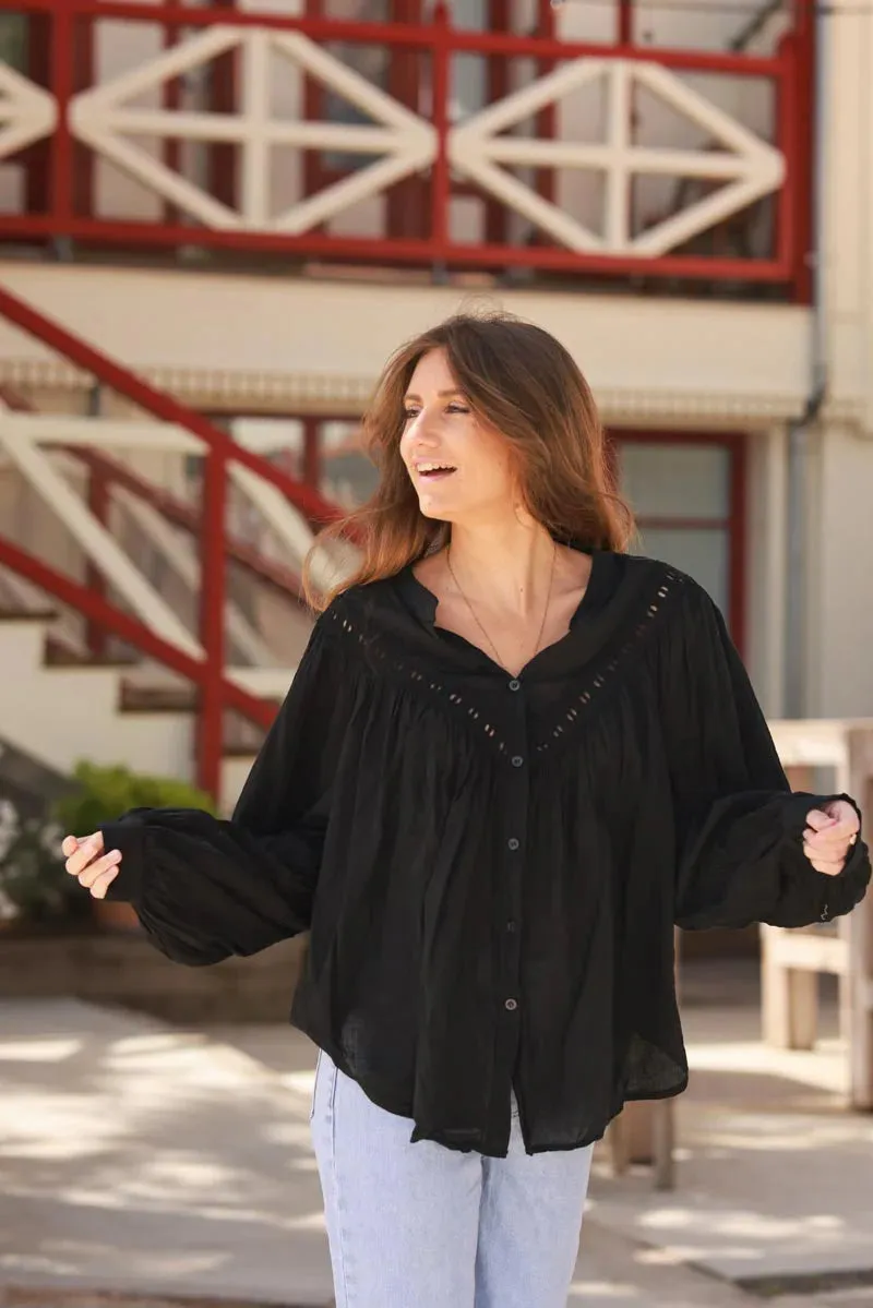 Black Pleated Cotton Prairie Blouse