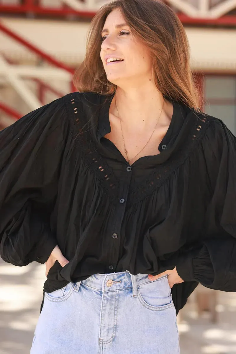 Black Pleated Cotton Prairie Blouse