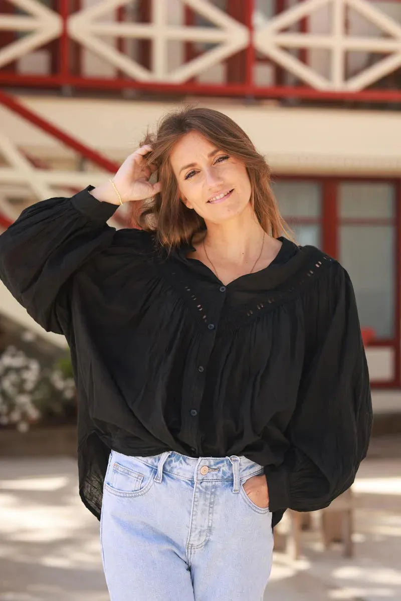 Black Pleated Cotton Prairie Blouse