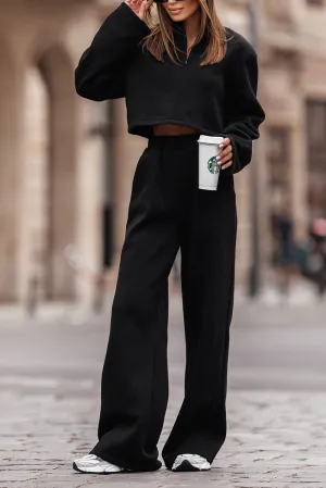 Black Zipped Collared Crop Pullover and Wide Leg Pants Set