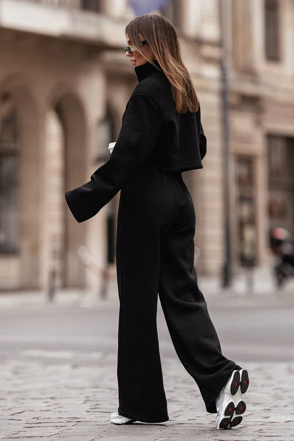 Black Zipped Collared Crop Pullover and Wide Leg Pants Set