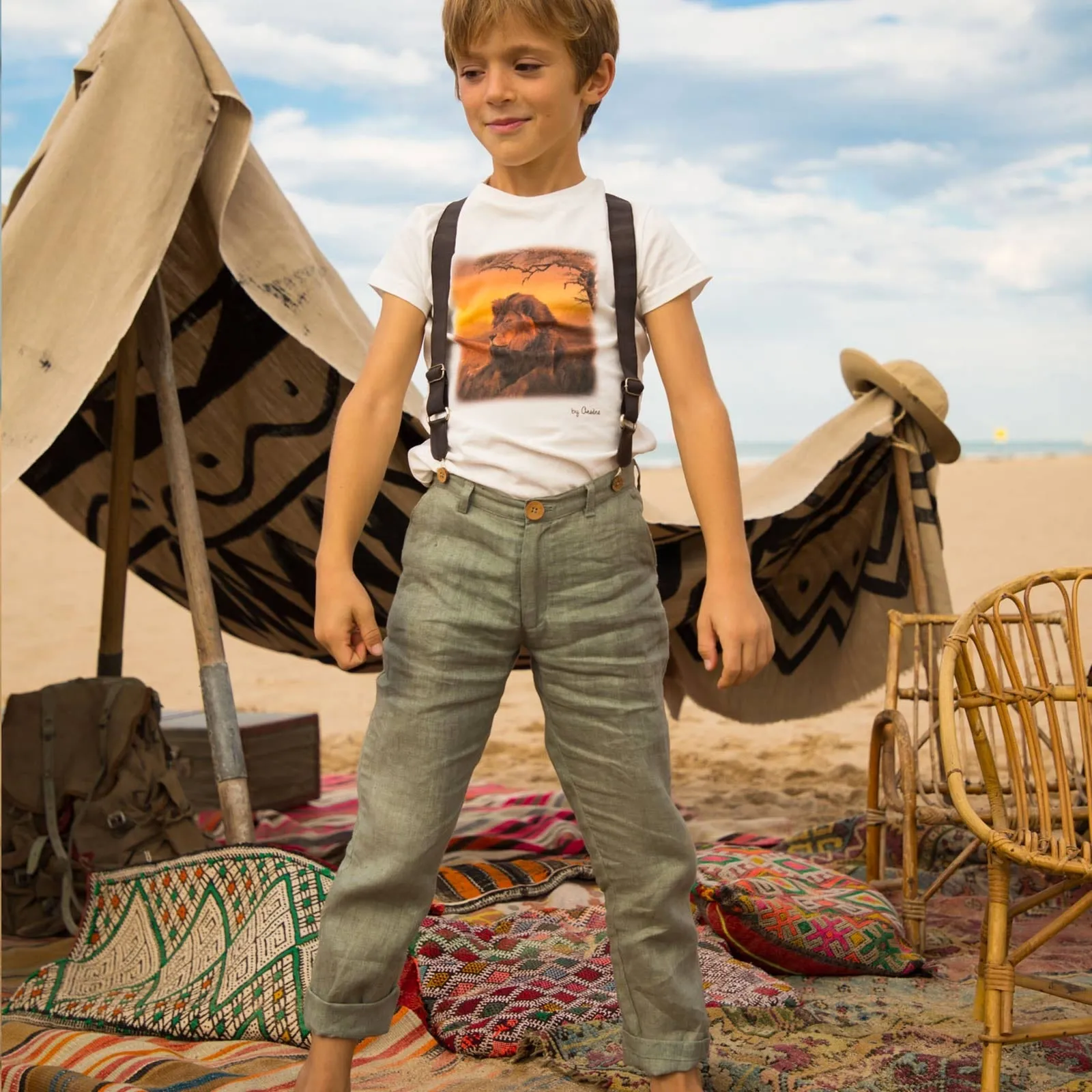 Boys & Girls Olive Green Pitt LinenTrousers With Braces