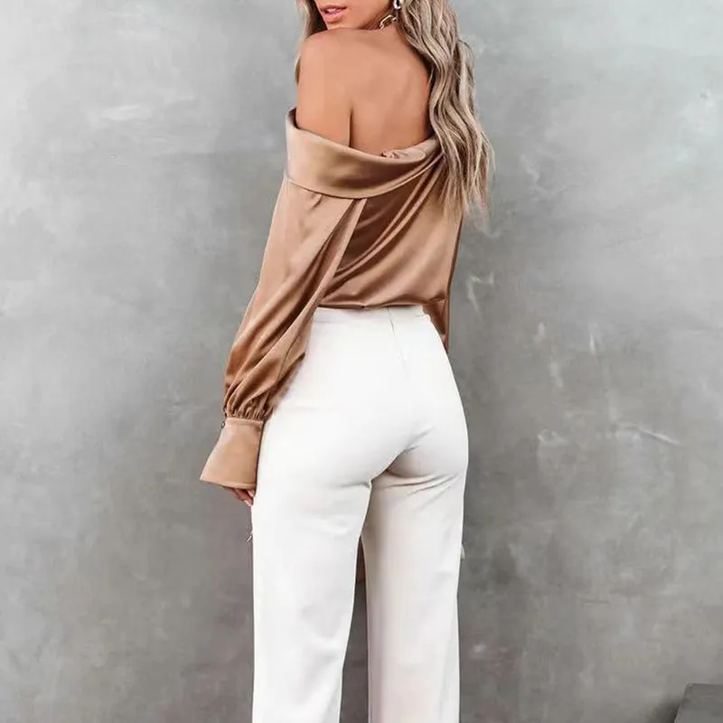 Braune One Schouder Satinbluse