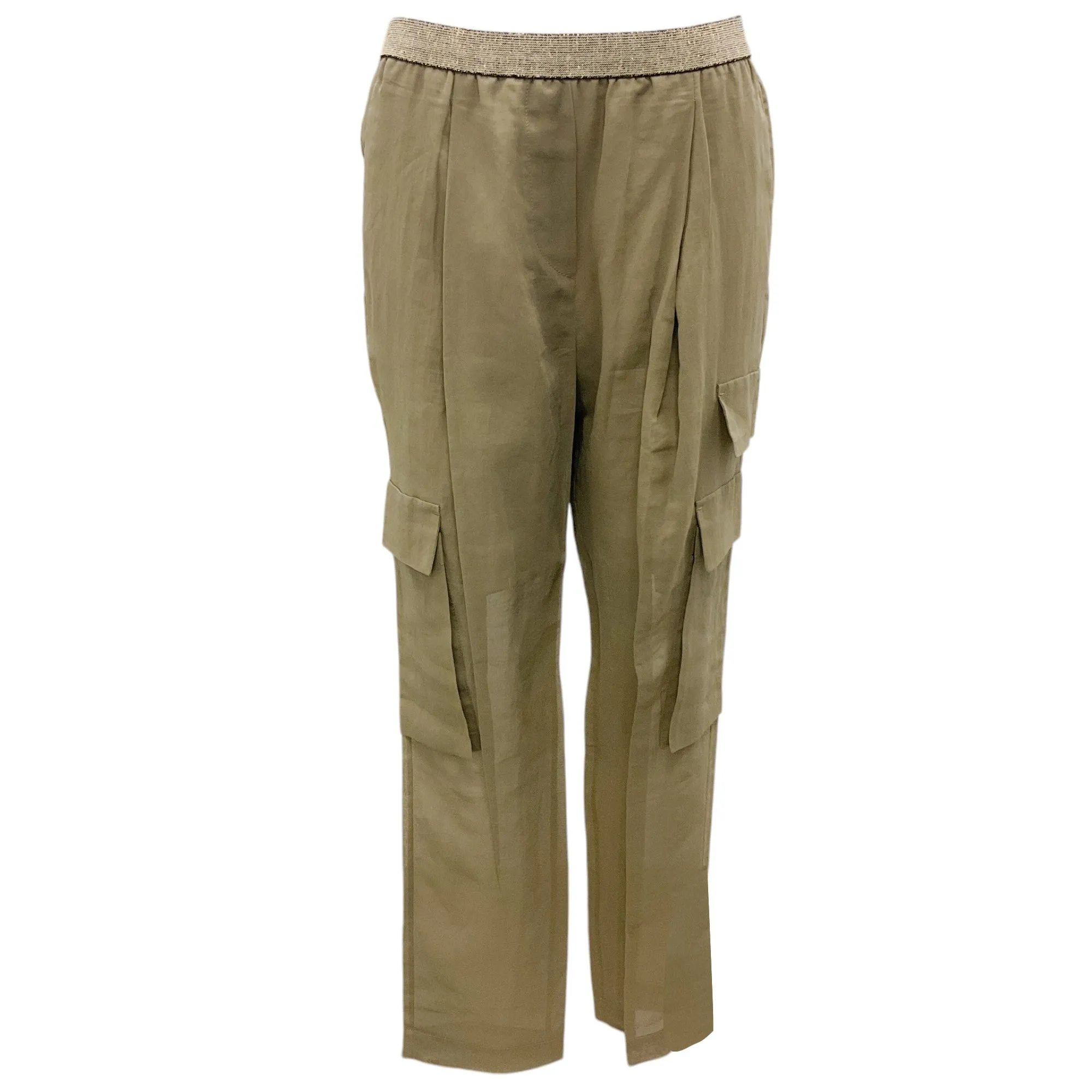 Brunello Cucinelli Olive Green Elastic Waistband Cargo Pants
