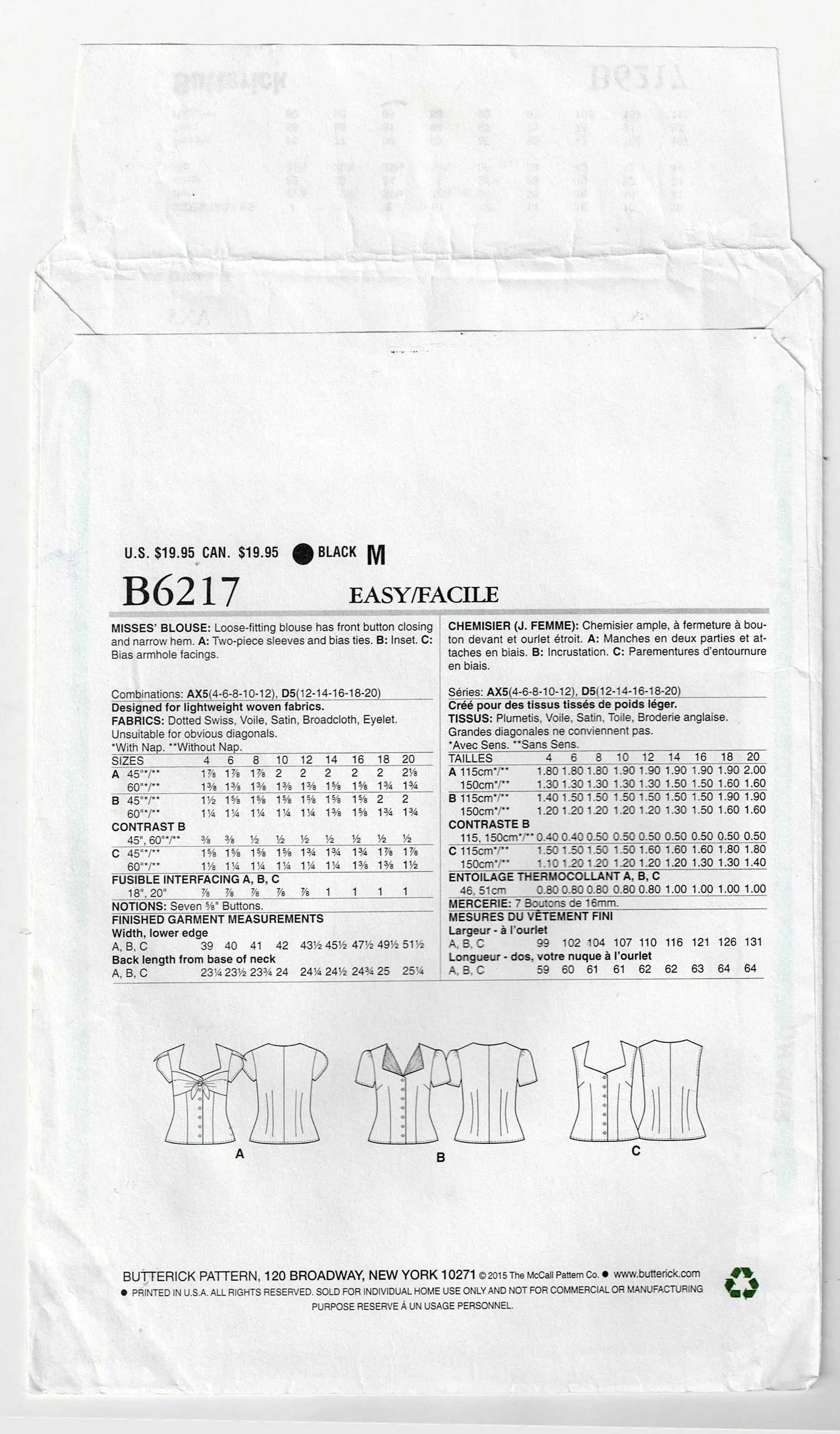 Butterick 6217 Gertie's Womens Shaped Blouses with Sweetheart Neckline Out Of Print Sewing Pattern Size 6 - 12 UNCUT Factory Folded
