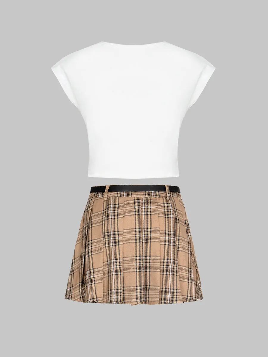 Casual Plaid Pleated Skirt with Belt
