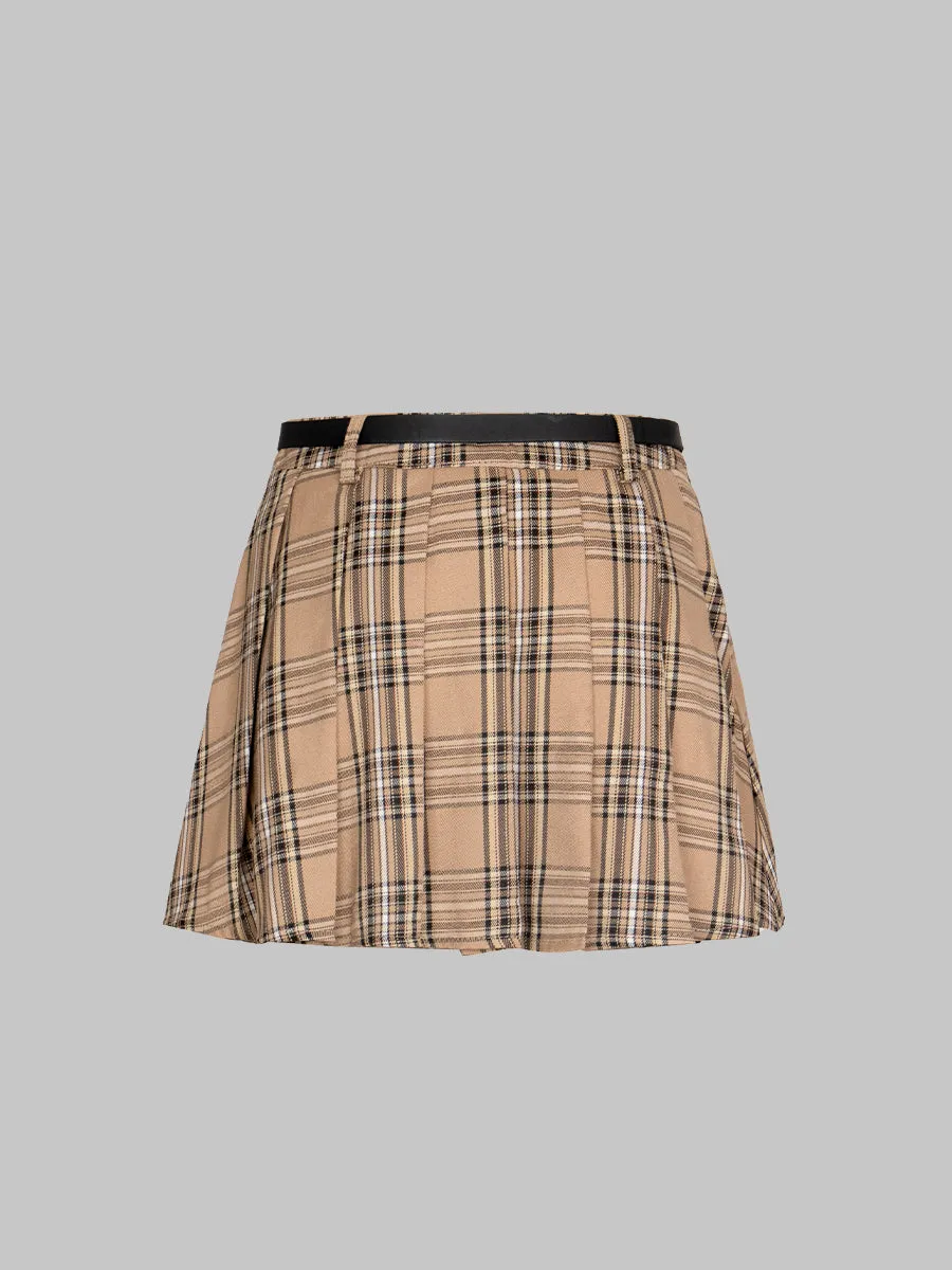 Casual Plaid Pleated Skirt with Belt
