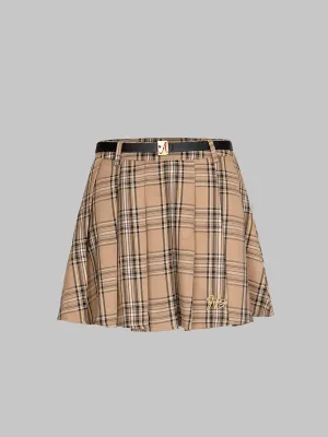 Casual Plaid Pleated Skirt with Belt