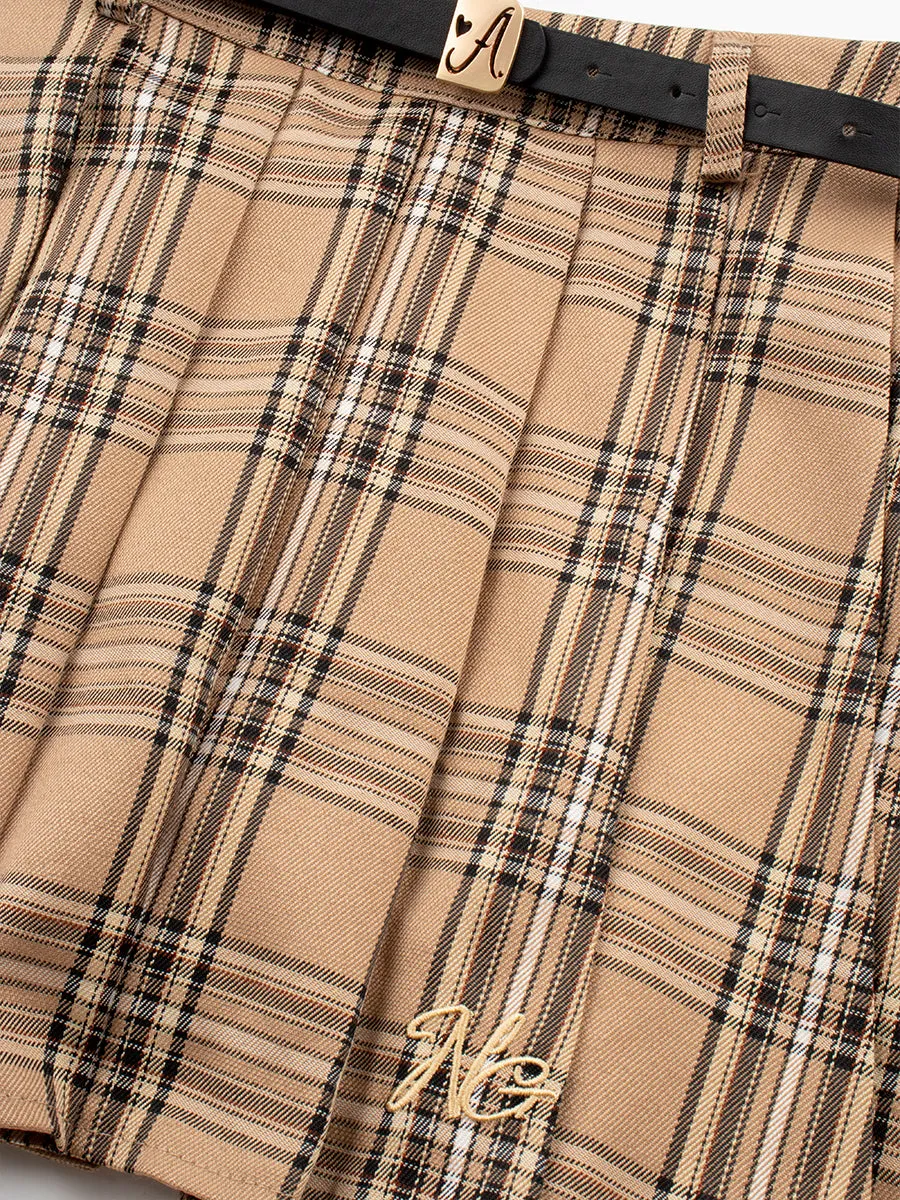 Casual Plaid Pleated Skirt with Belt