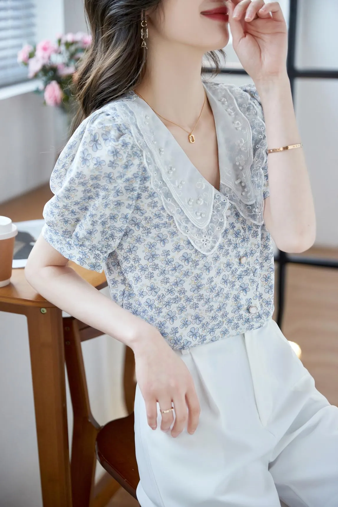 Chic Women's Chiffon Blouse Featuring Button-up and Floral Print Design