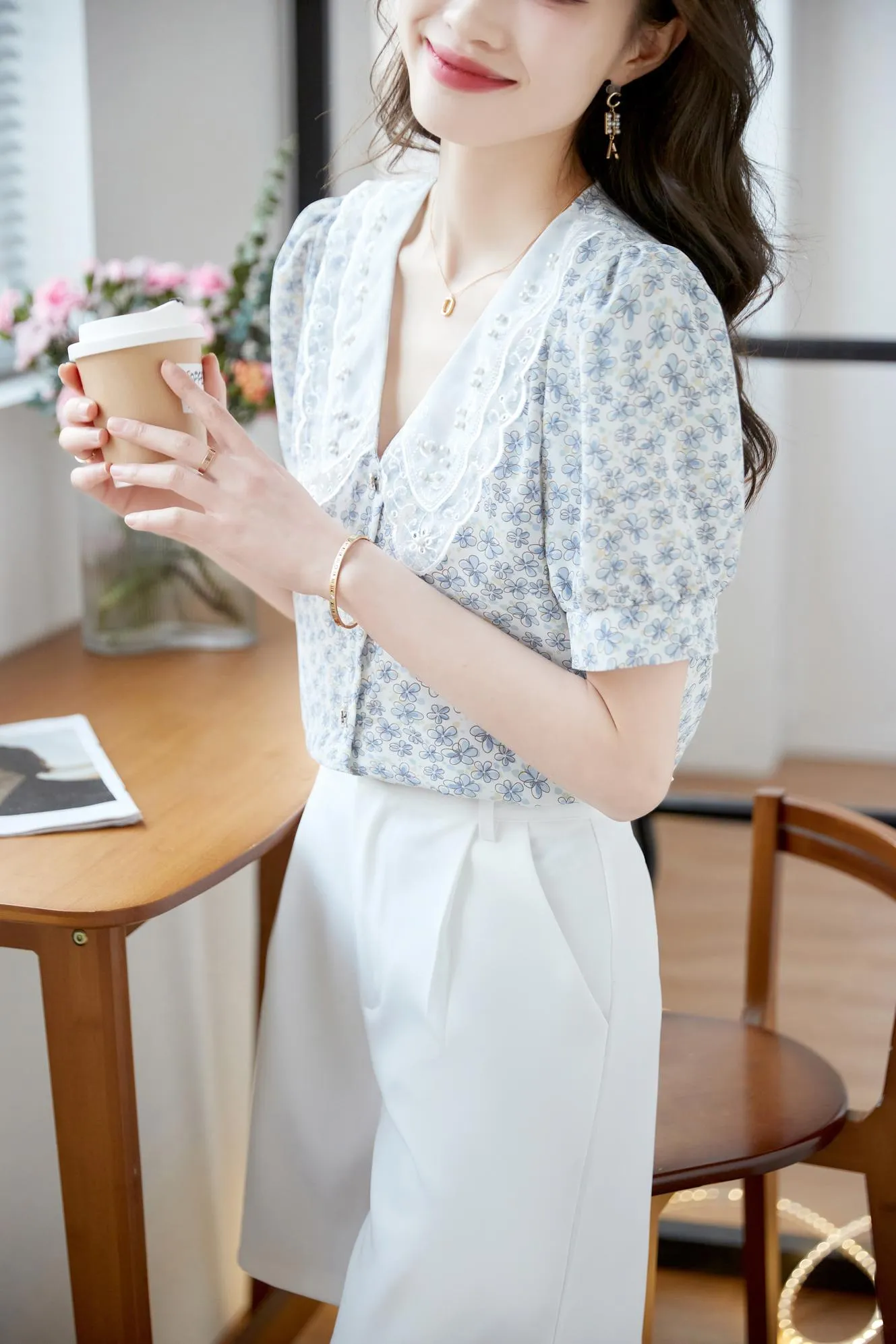 Chic Women's Chiffon Blouse Featuring Button-up and Floral Print Design
