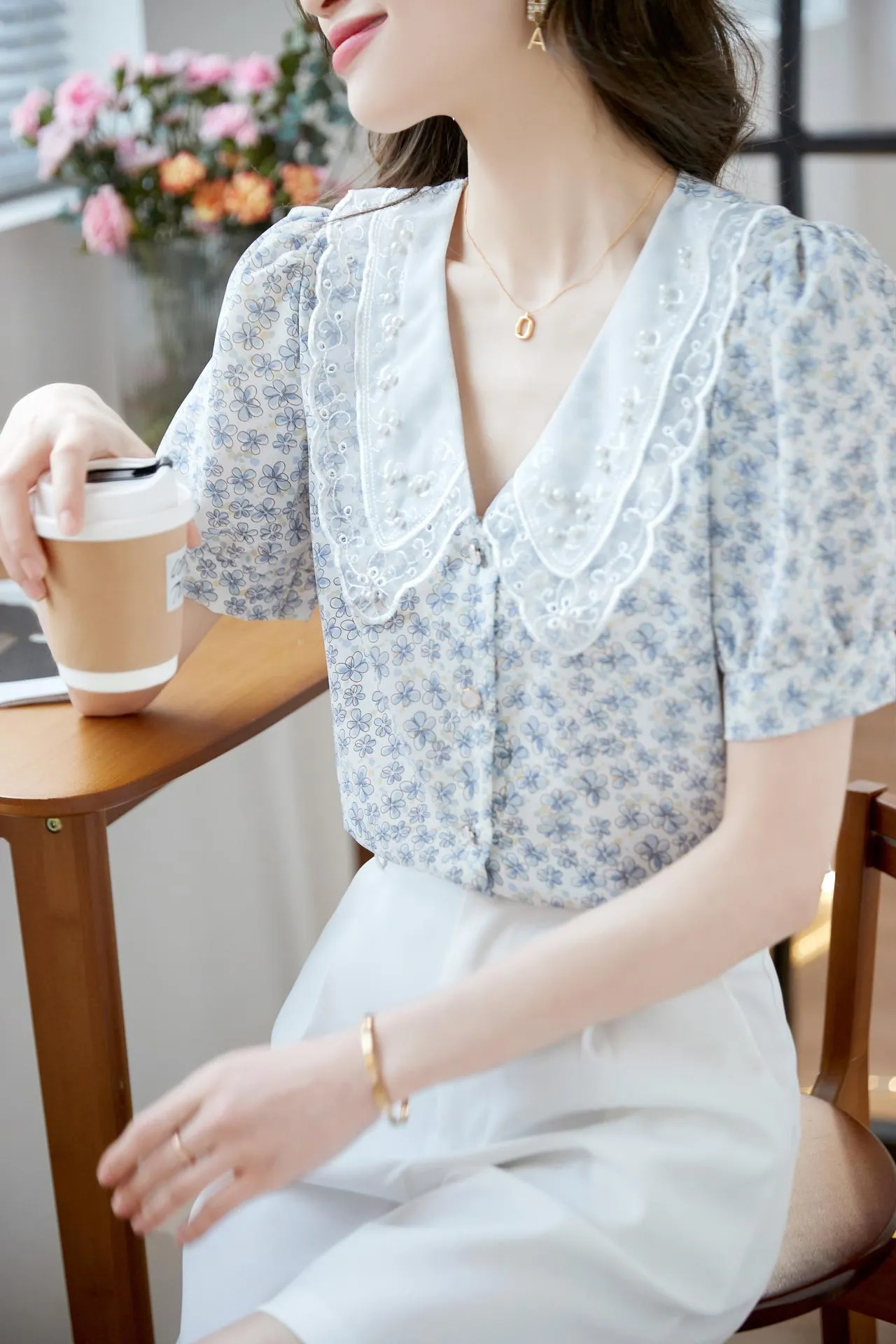 Chic Women's Chiffon Blouse Featuring Button-up and Floral Print Design