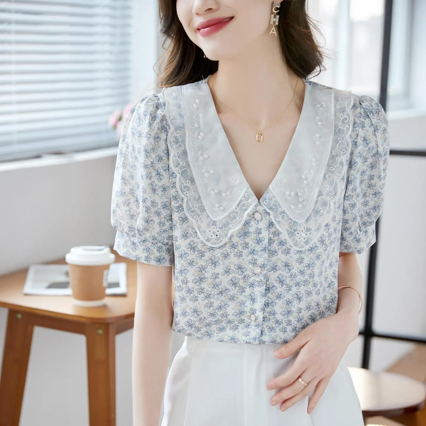 Chic Women's Chiffon Blouse Featuring Button-up and Floral Print Design