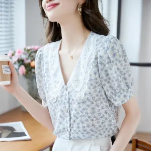 Chic Women's Chiffon Blouse Featuring Button-up and Floral Print Design