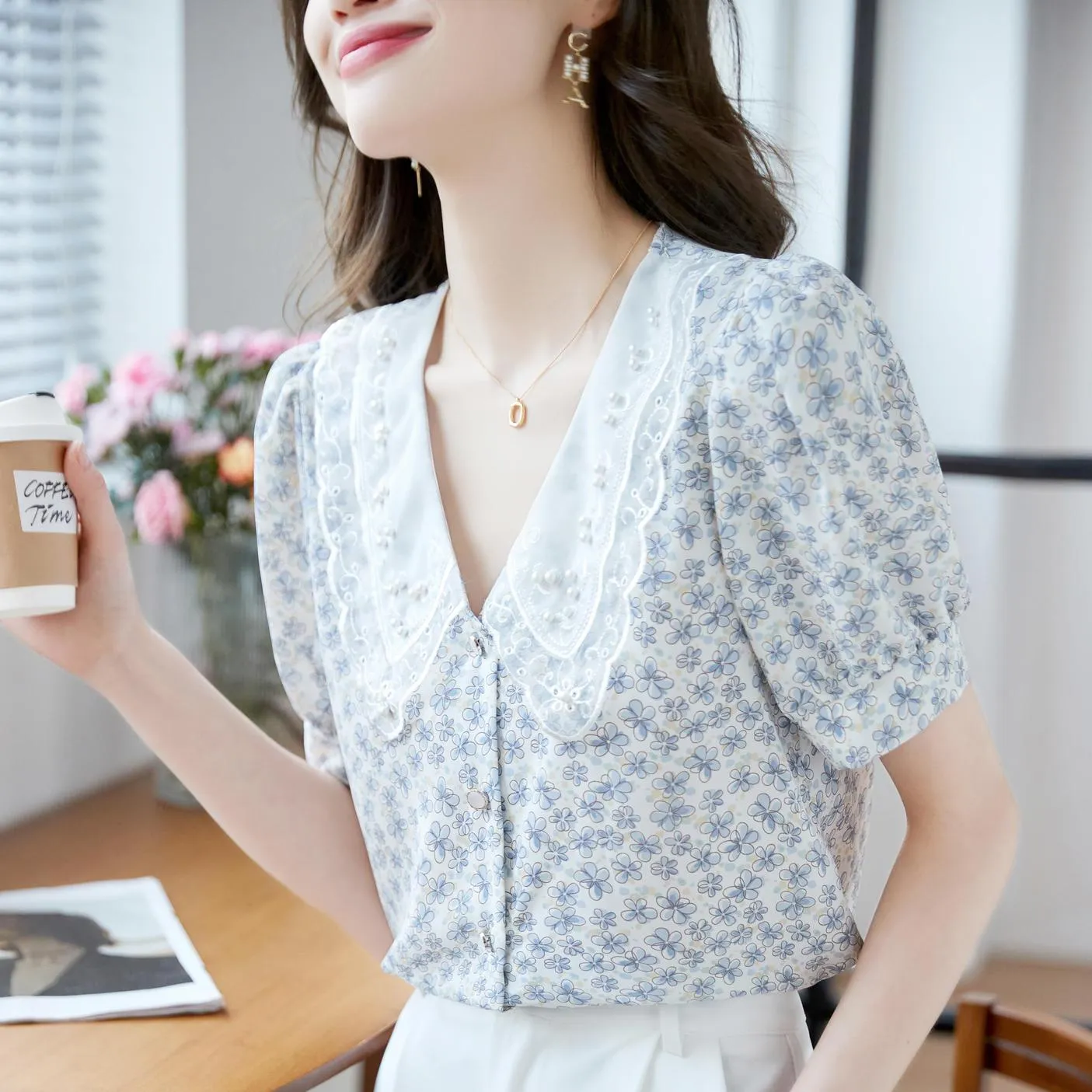 Chic Women's Chiffon Blouse Featuring Button-up and Floral Print Design
