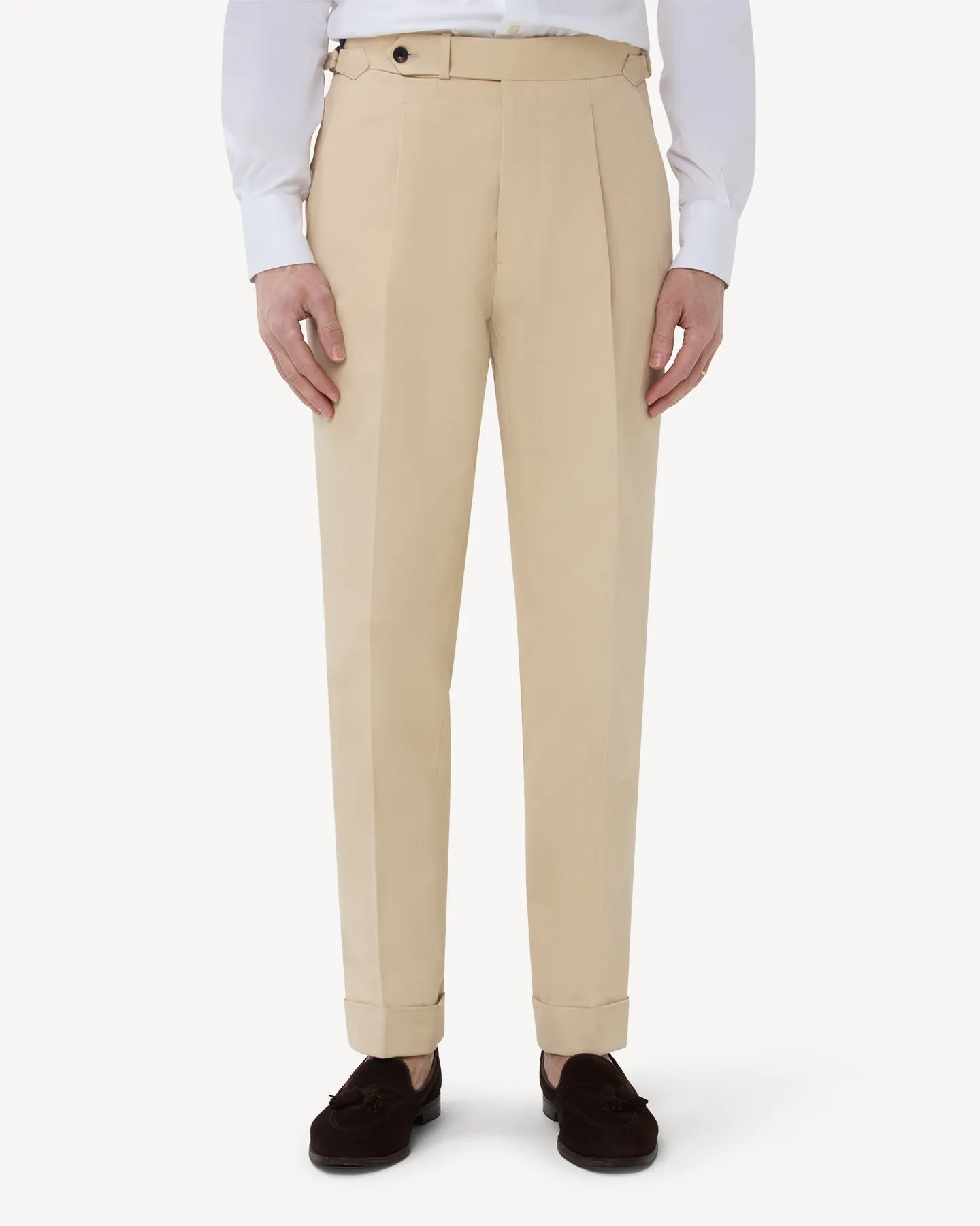 Cream Single Pleat Cotton Drill Trousers