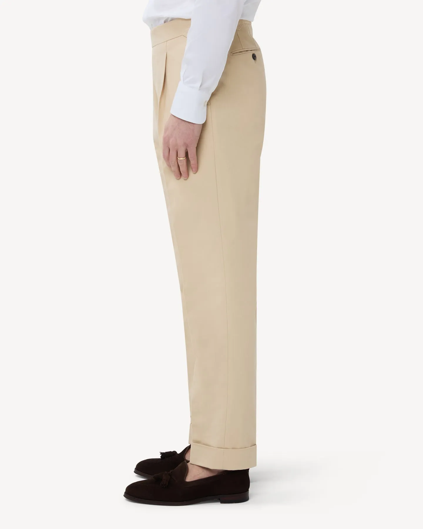 Cream Single Pleat Cotton Drill Trousers