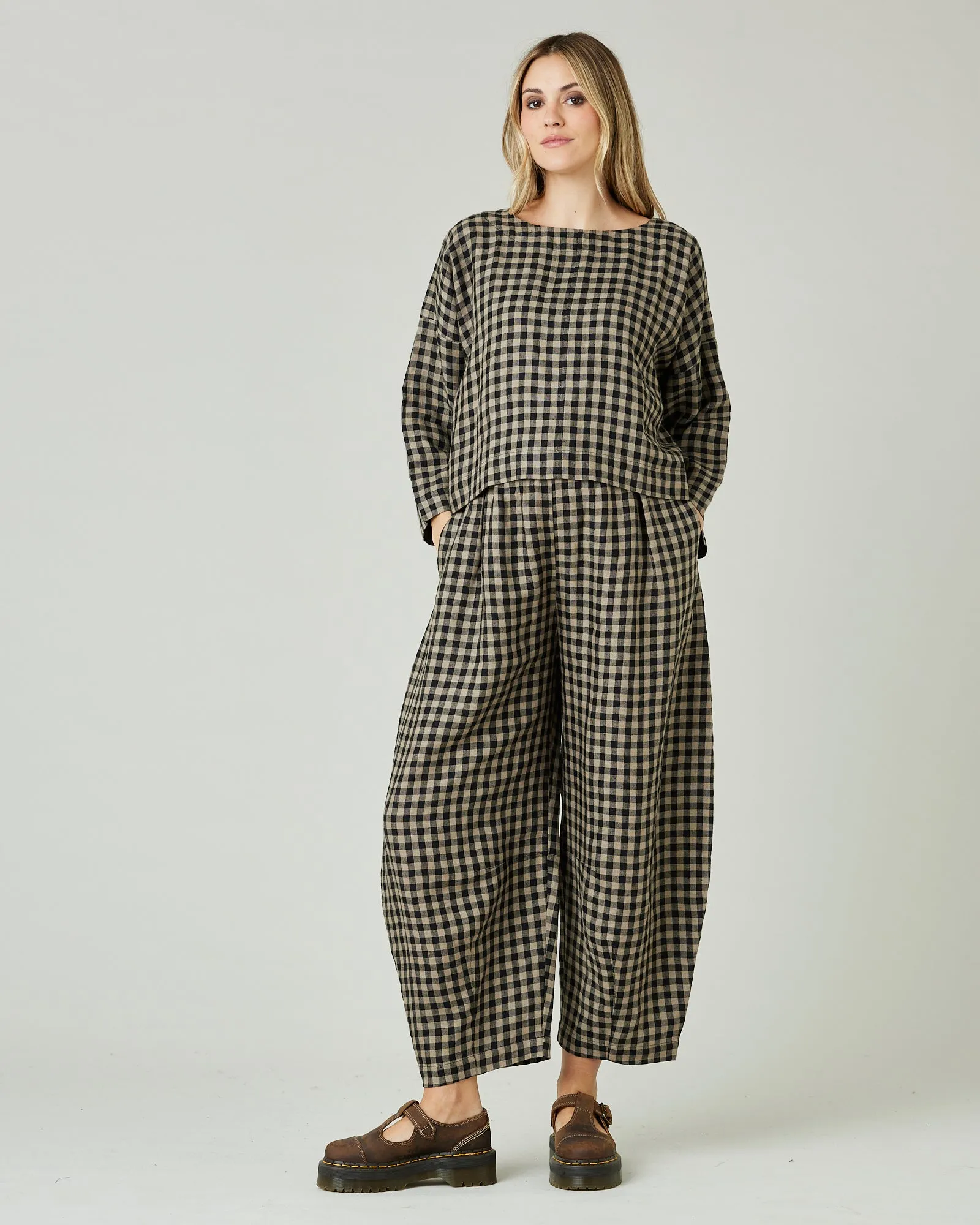 Daisy Coffee Gingham Linen Trousers