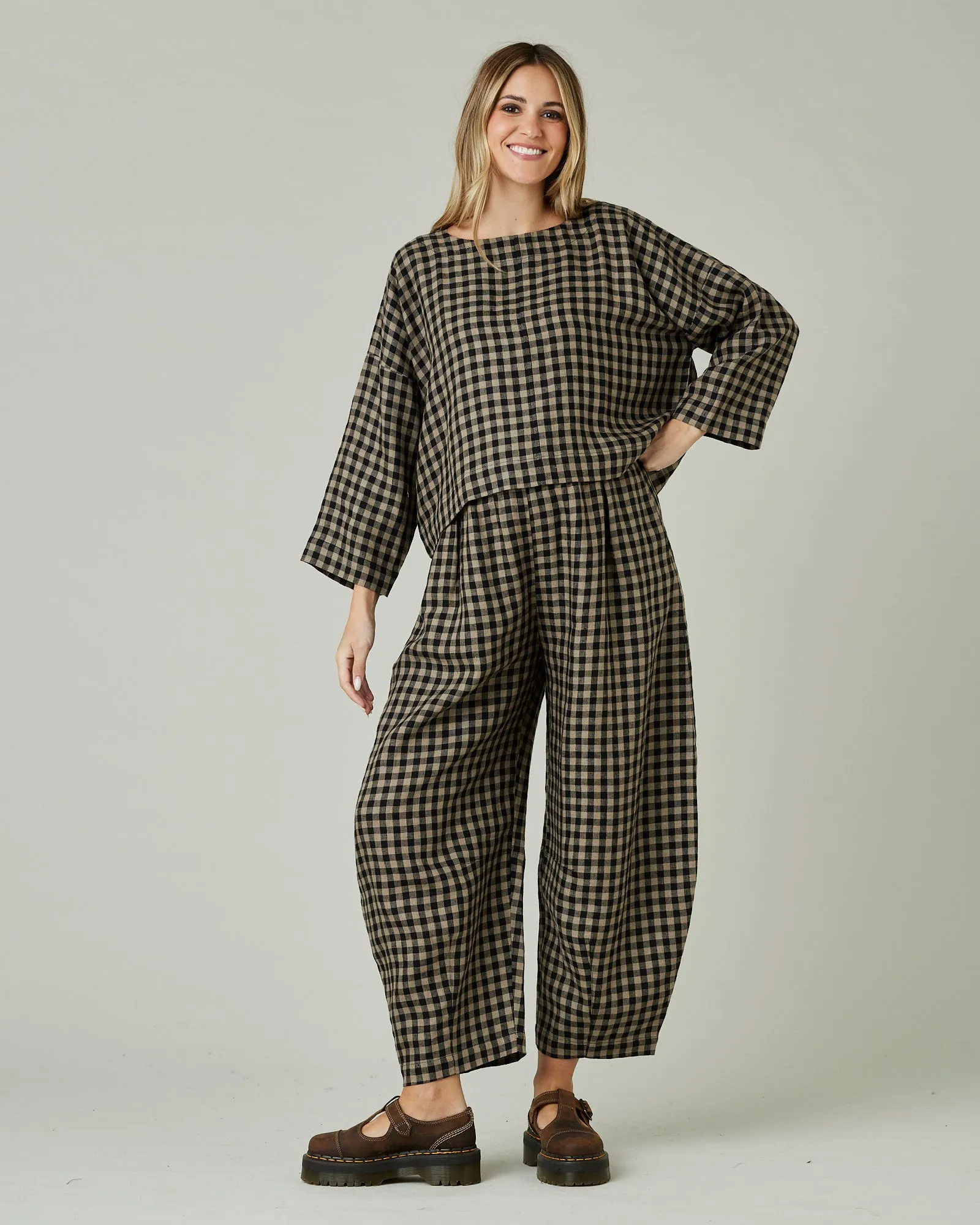 Daisy Coffee Gingham Linen Trousers