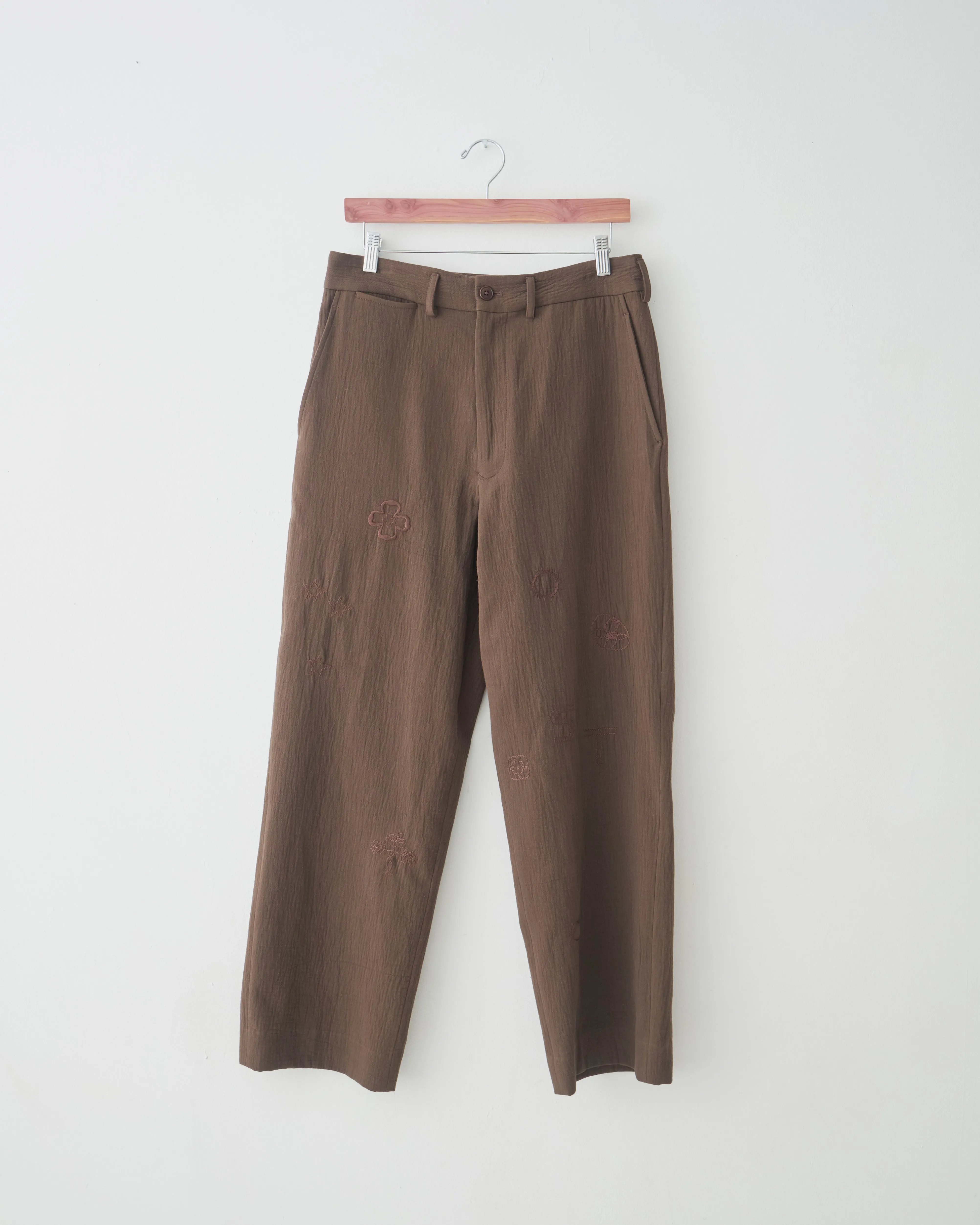 Embroidered Curved Seam Trousers, Dark Brown