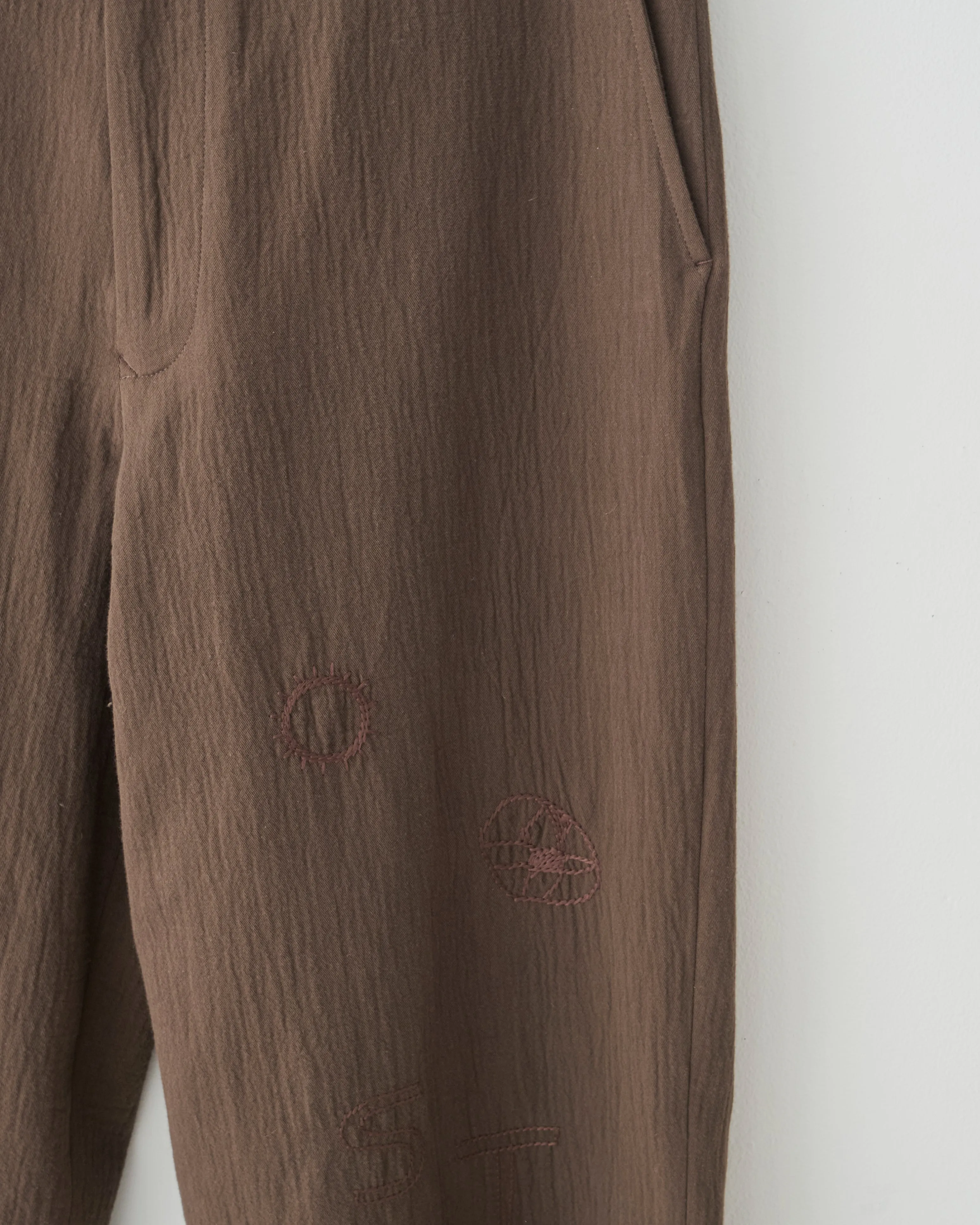 Embroidered Curved Seam Trousers, Dark Brown