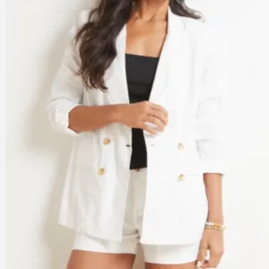 Evereve Alexa Double Breasted Blazer in Ivory White Linen Blend Size Medium