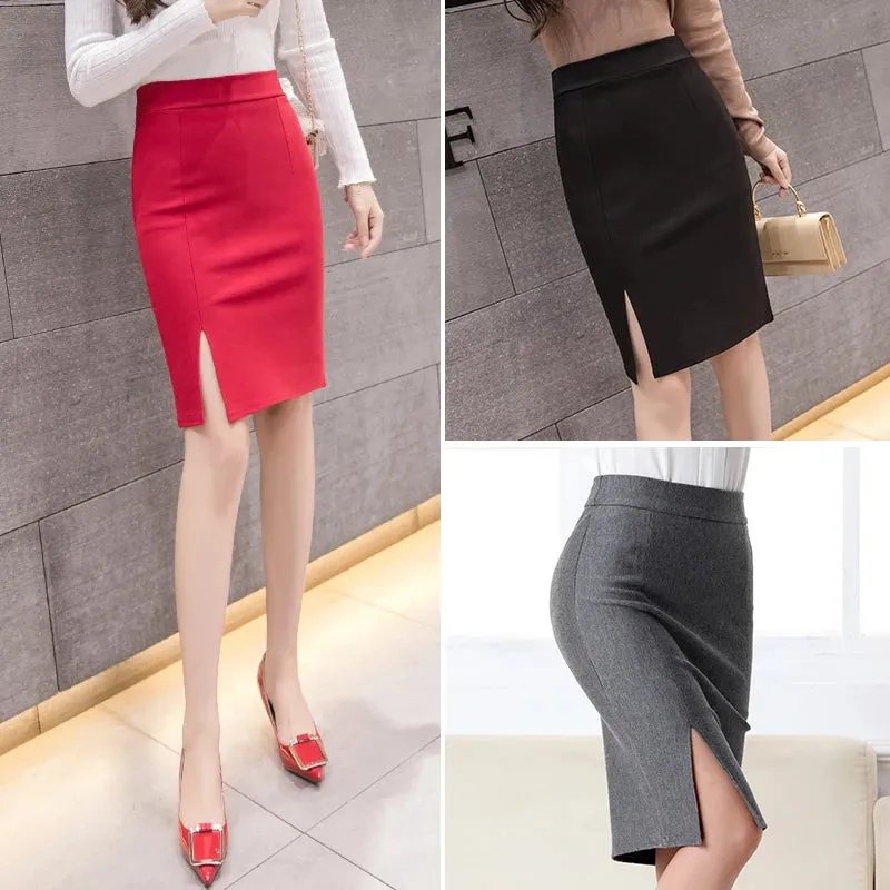 Fashion Women Office Formal Pencil Skirt Spring summer Elegant Slim Front Slit Midi Skirts