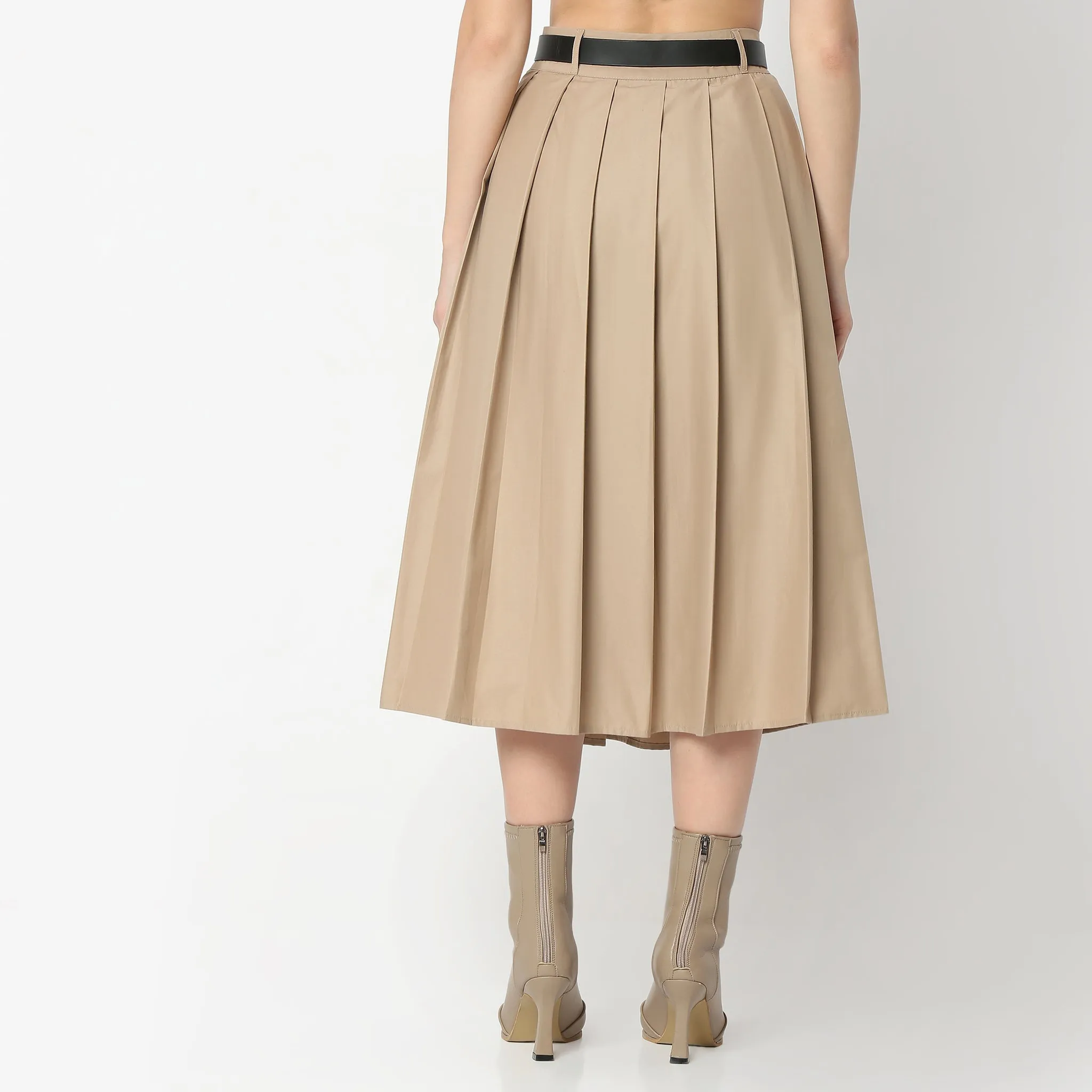 Flare Fit Pleats Calf Length High Rise Midi Skirt with Belt Detailing