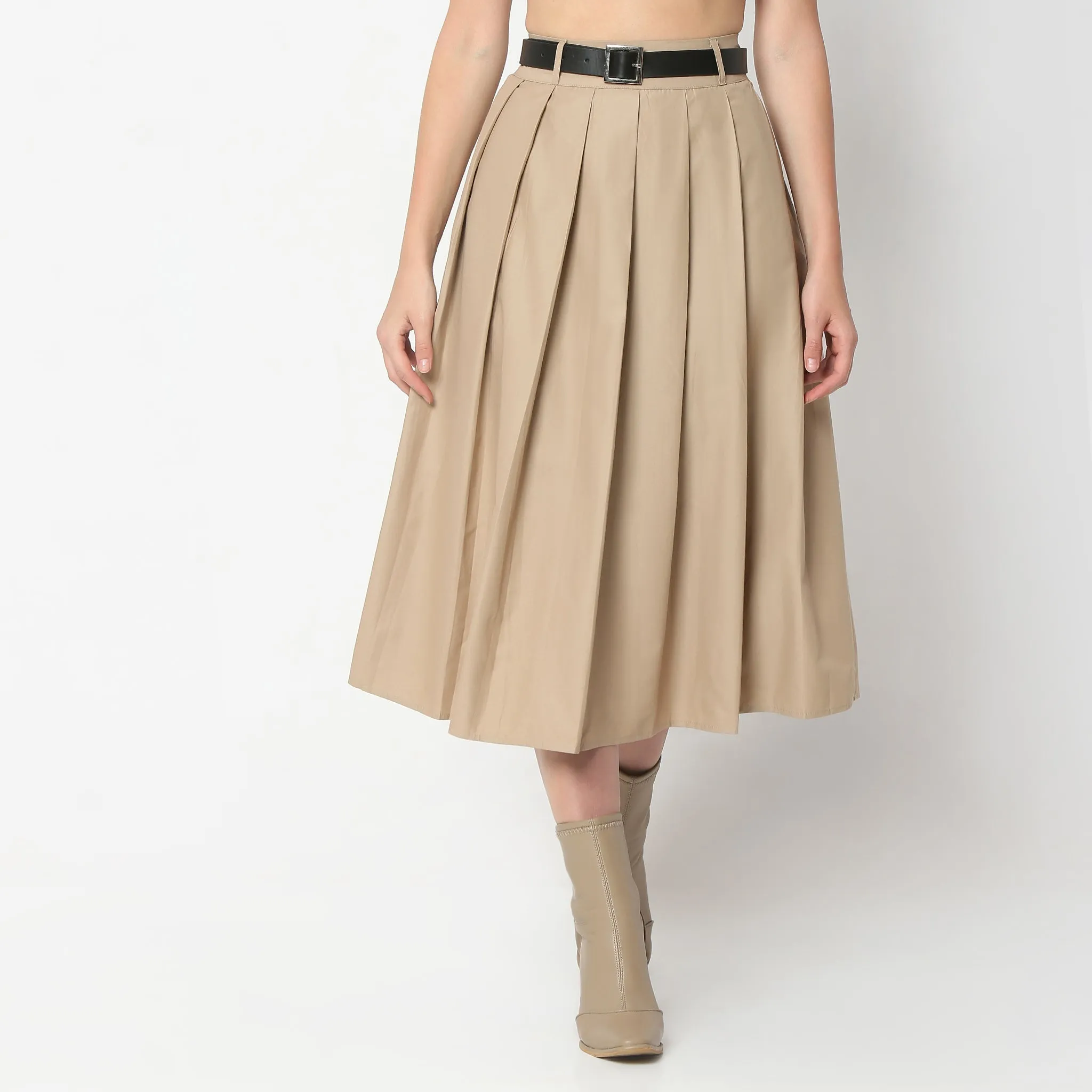 Flare Fit Pleats Calf Length High Rise Midi Skirt with Belt Detailing