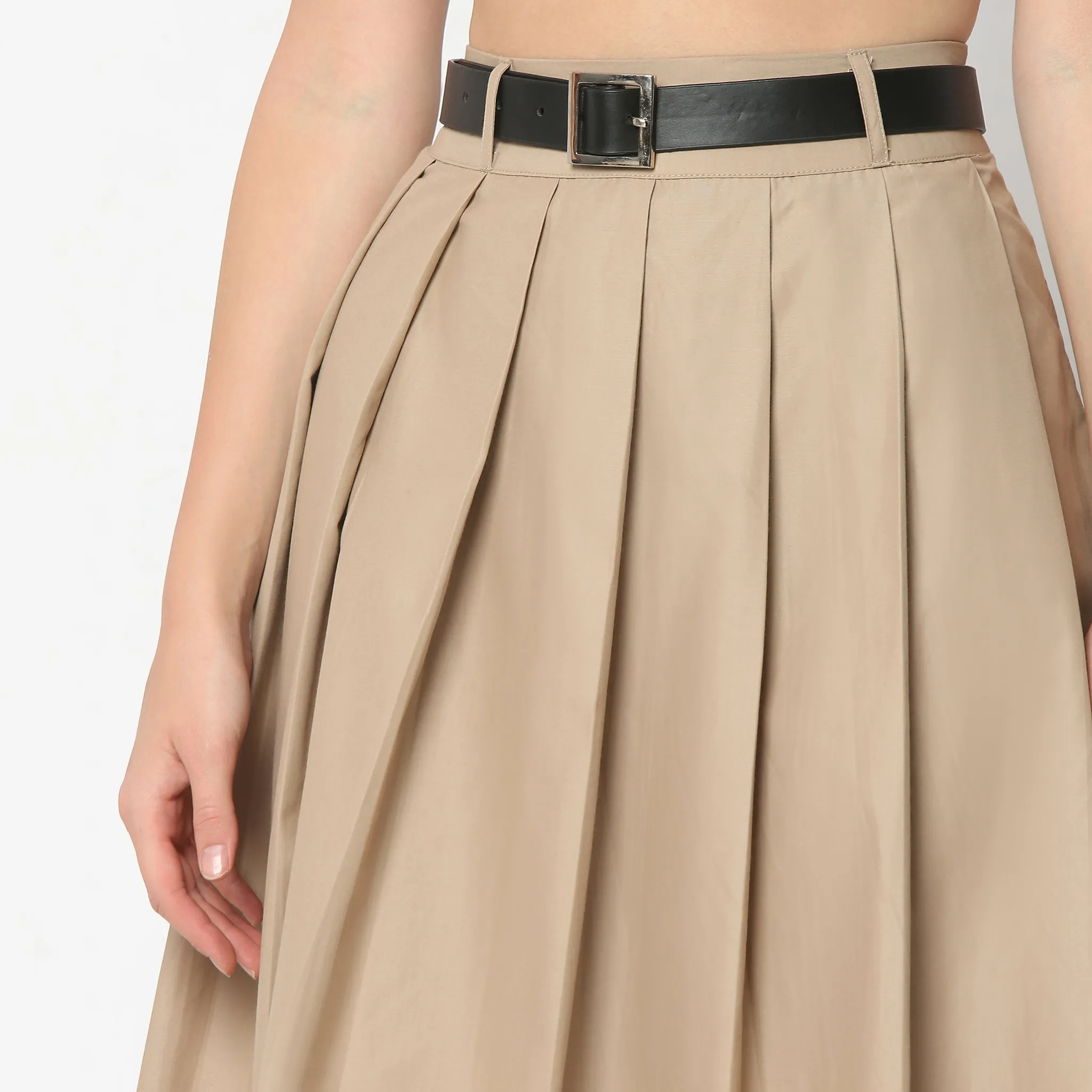 Flare Fit Pleats Calf Length High Rise Midi Skirt with Belt Detailing
