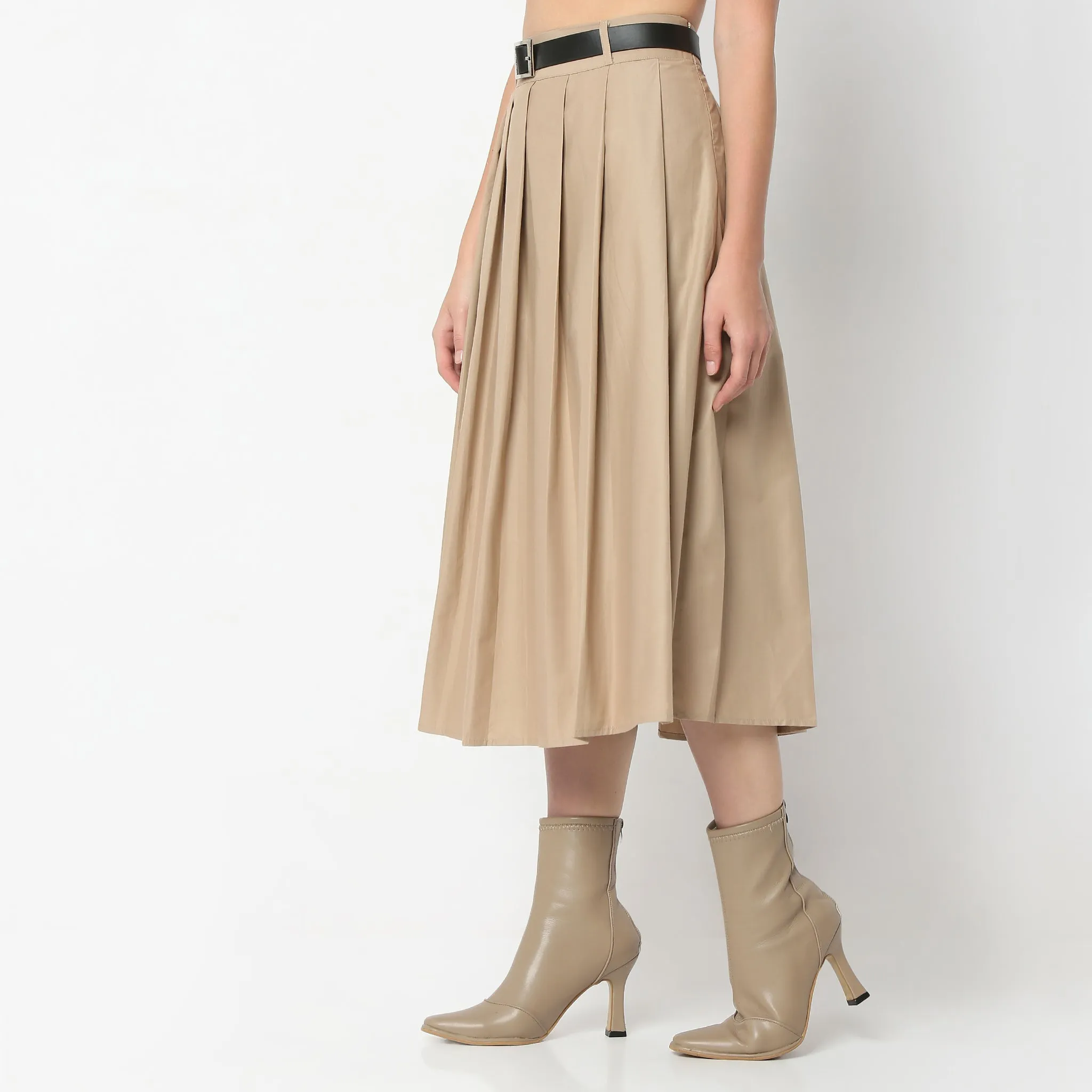 Flare Fit Pleats Calf Length High Rise Midi Skirt with Belt Detailing