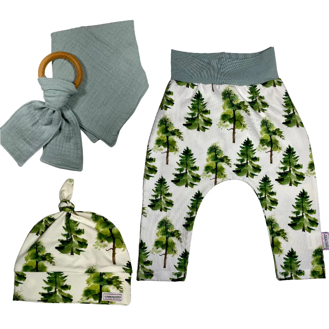 Forest Trees Cuffless Harem Pants & Matching Top Knot Hat Organic Cotton