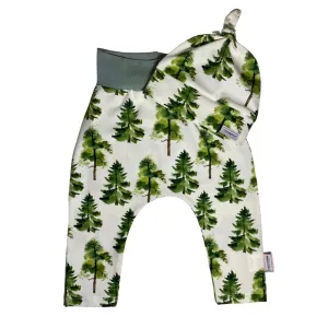 Forest Trees Cuffless Harem Pants & Matching Top Knot Hat Organic Cotton