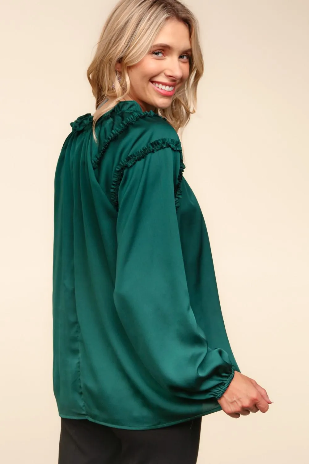 Frilled Mock Neck Solid Satin Woven Top