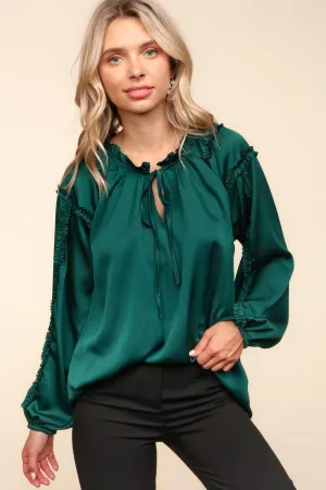 Frilled Mock Neck Solid Satin Woven Top