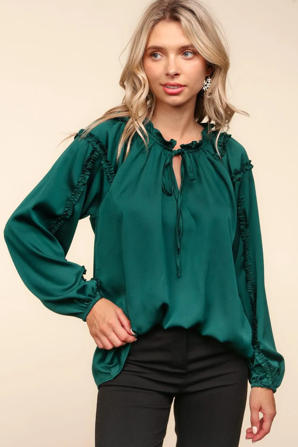 Frilled Mock Neck Solid Satin Woven Top