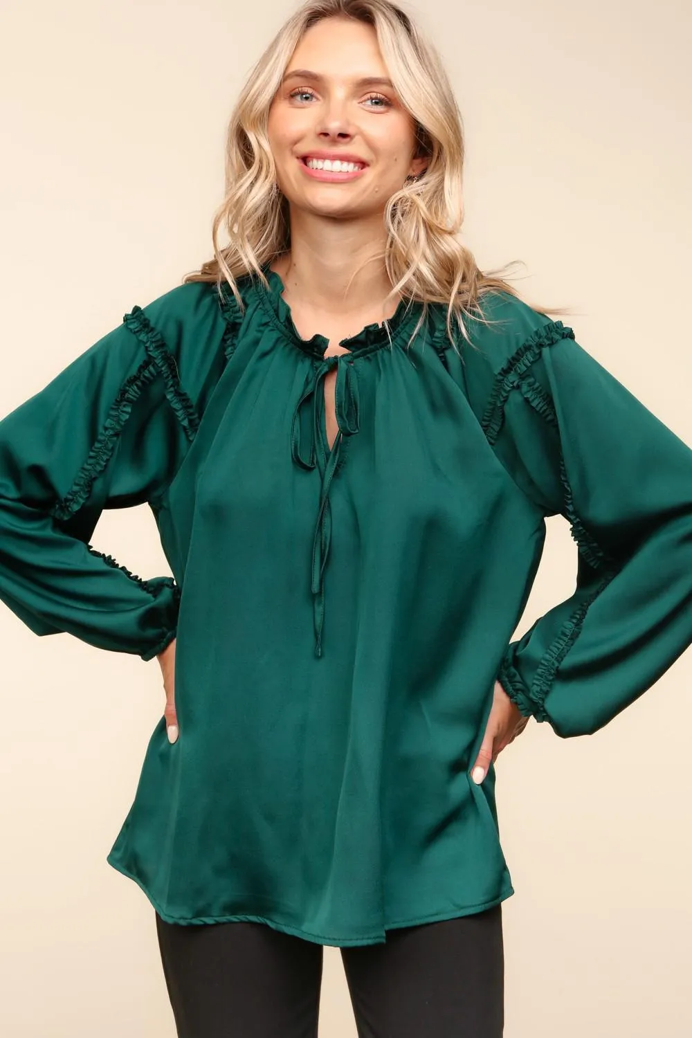 Frilled Mock Neck Solid Satin Woven Top